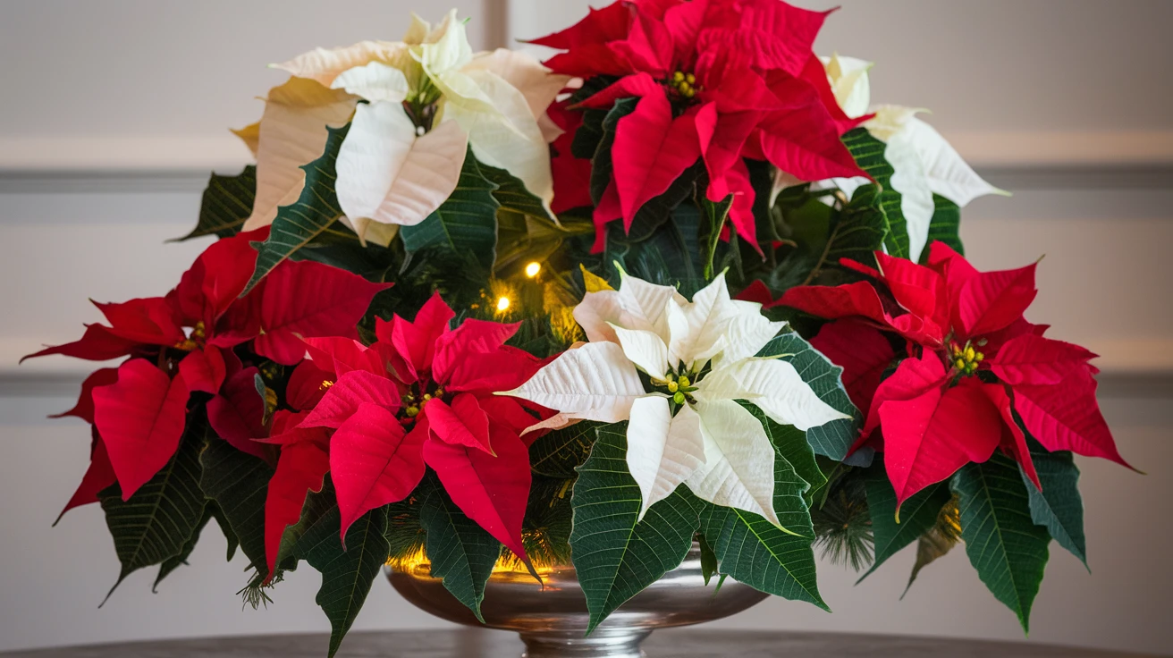 1. Classic Red and White Poinsettia Arrangements