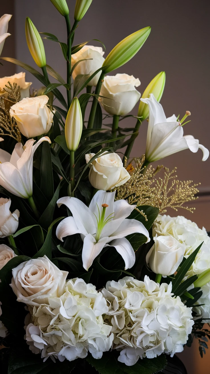 2. Elegant Gold-Accented Mixed Flower Arrangement
