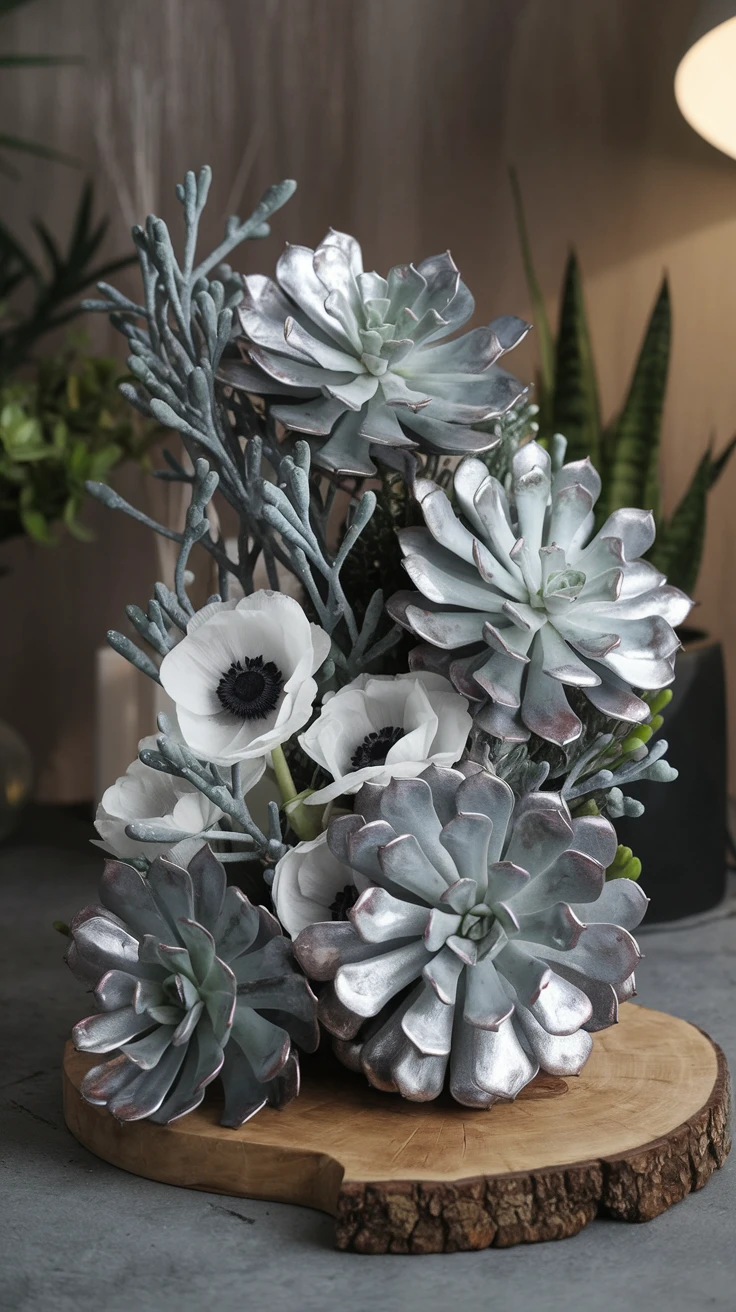 2. Modern Silver-Themed Floral Arrangements