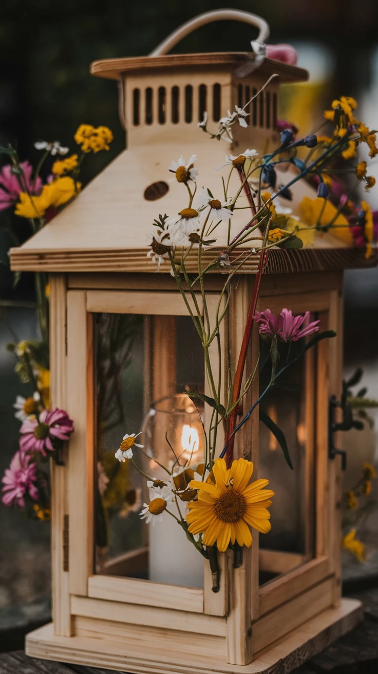 2. Rustic Wooden Lantern with Wildflowers