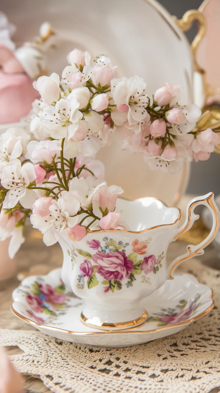 2. Vintage Teacup Arrangements: Charming Nostalgia in Bloom