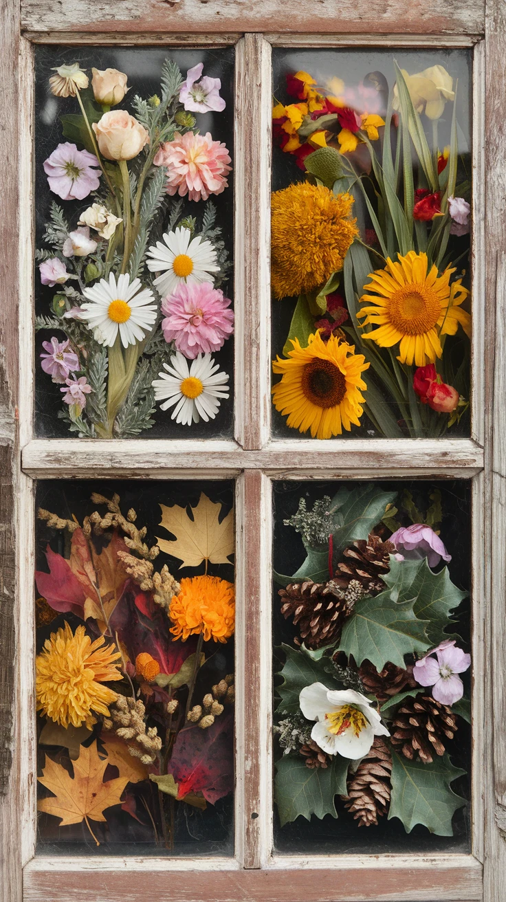 2. Vintage Window Frame with Seasonal Pressed Flowers