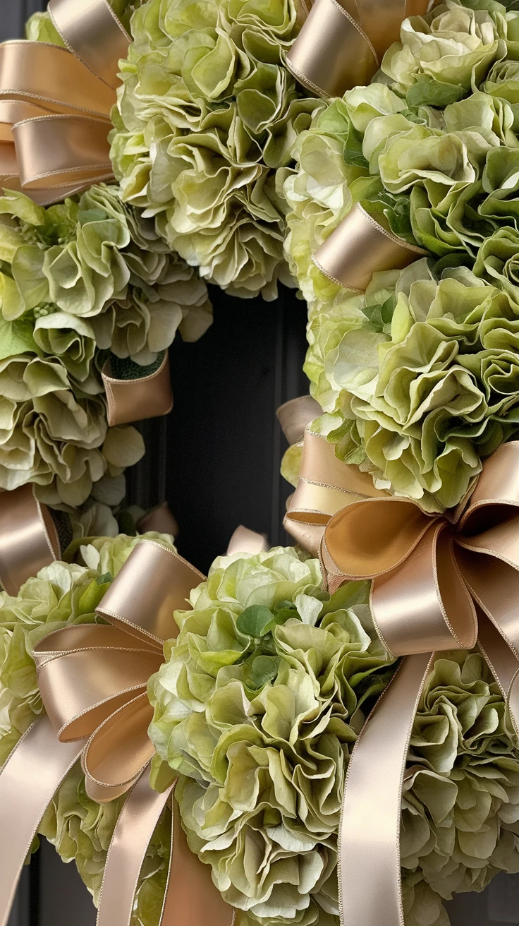 3. Green Hydrangea and Gold Ribbon Wreath