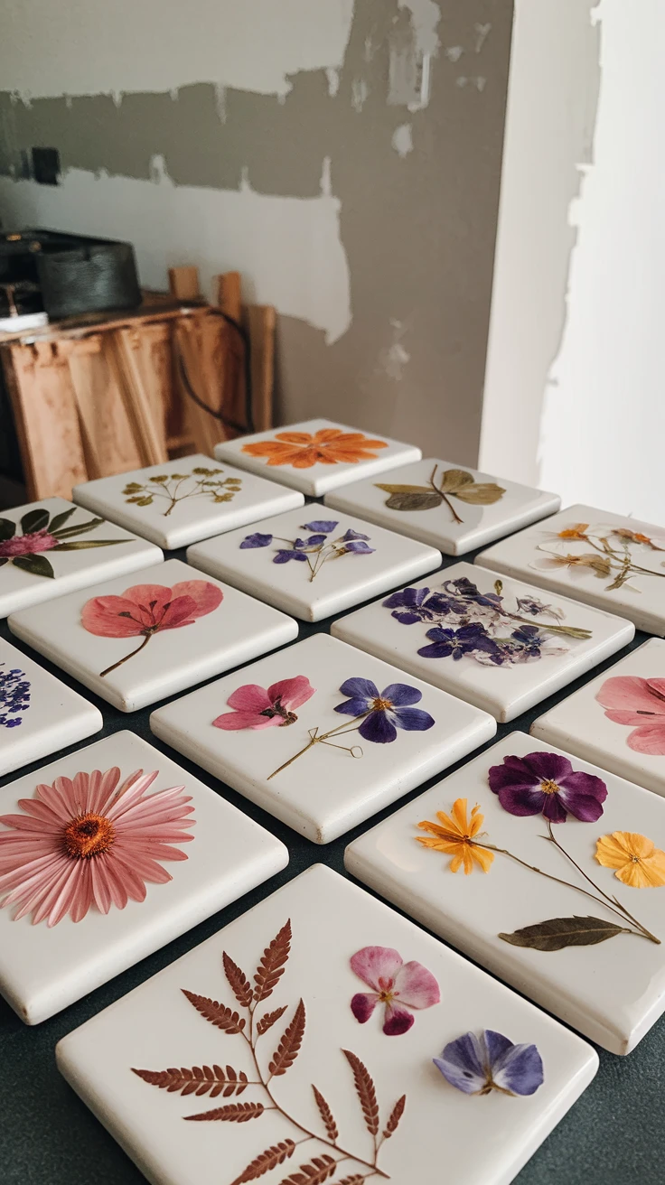 4. Upcycled Tile Pressed Flower Coasters