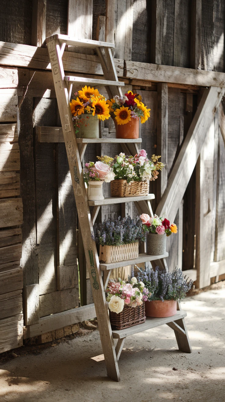 6. Repurposed Ladder Flower Displays