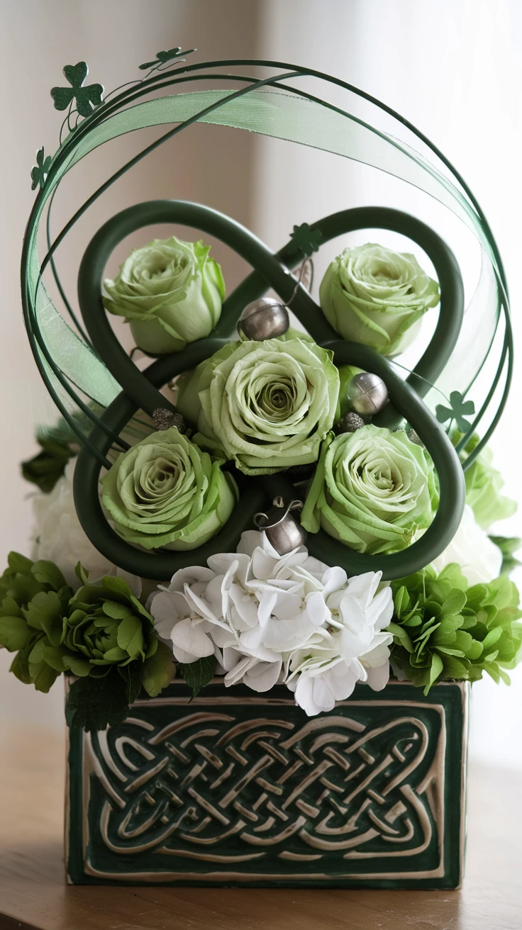 7. Celtic-Inspired Green Rose Arrangements