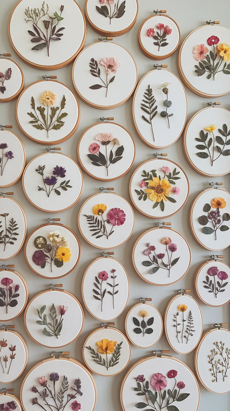 9. Pressed Flower Wall Hanging with Embroidery Hoops