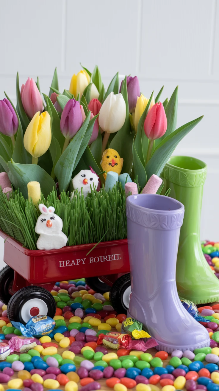 10. Tulip and Candy Easter Arrangements for Children
