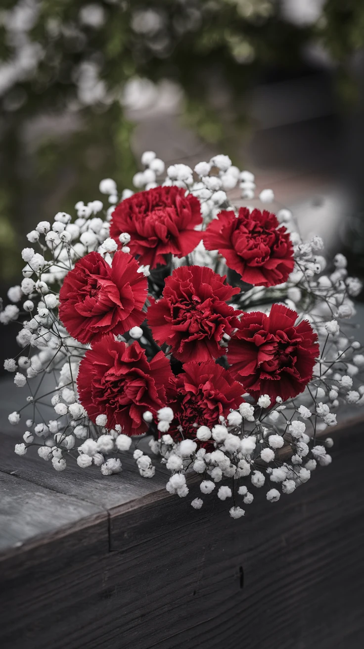 8. Red Carnations and Baby's Breath Mix: Admiration and Purity