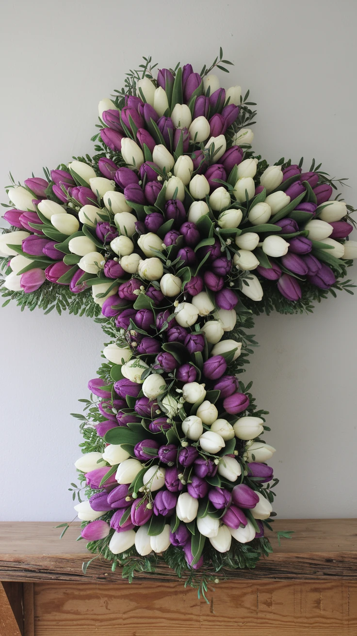 8. Religious-Themed Easter Tulip Cross Display