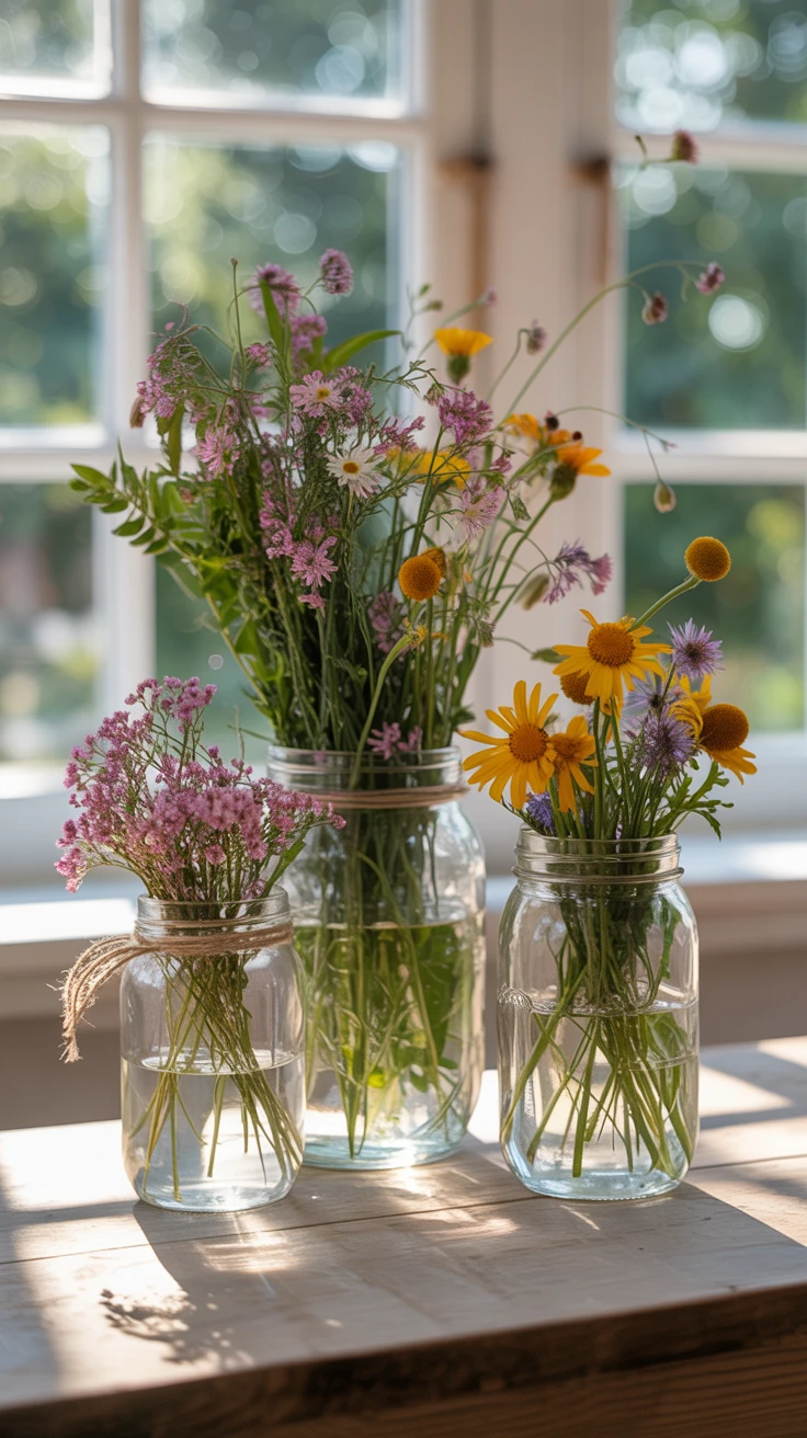 1. Mason Jar Wildflower Arrangements: Simplicity at Its Finest