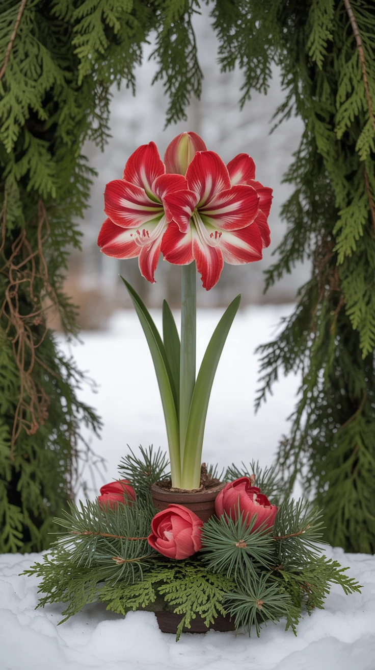 10. Amaryllis and Evergreen Elegance