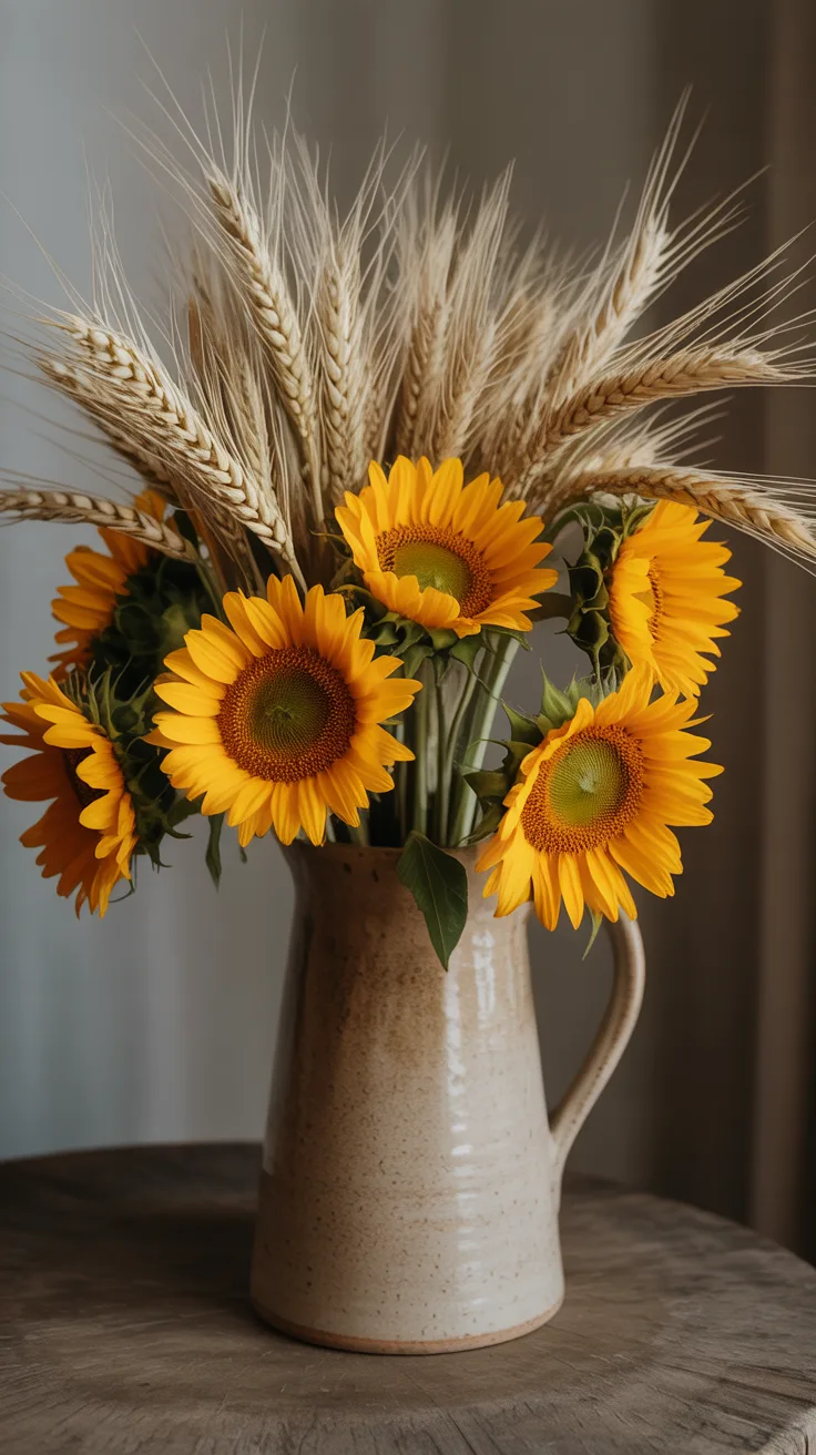 Rustic Charm: Sunflowers and Wheat illustrative image