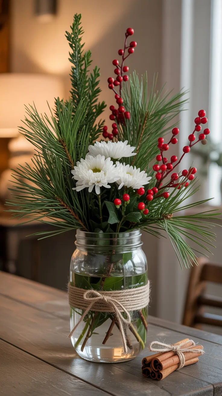 2. Rustic Pine & Berry Mason Jar (Entryway Table)
