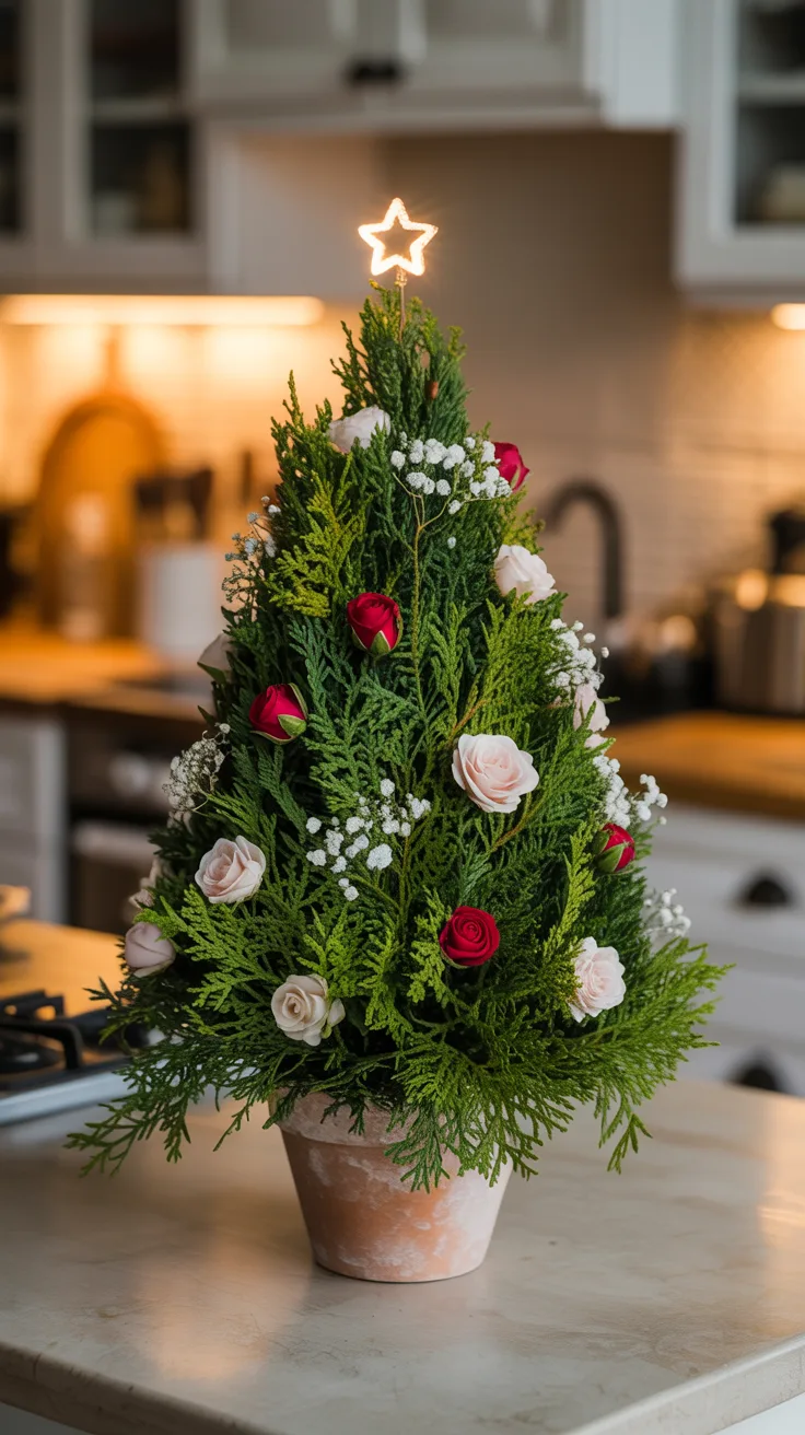 5. Mini Christmas Tree Arrangement (Kitchen Island)