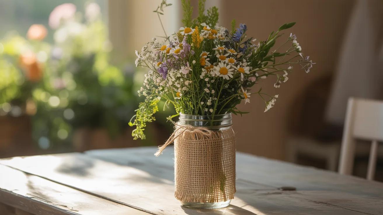 1. Burlap-Wrapped Wildflower Jar