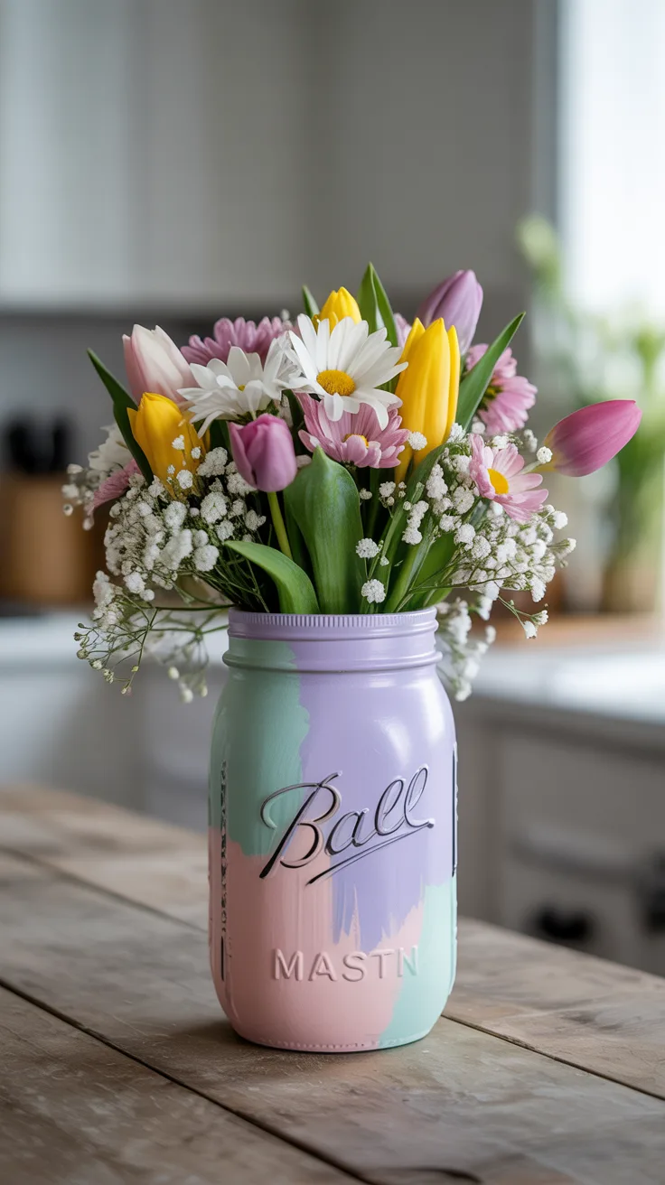 5. Painted Mason Jar with Mixed Spring Blooms