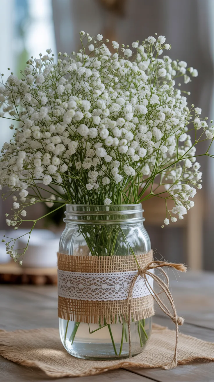 6. Burlap-Wrapped Baby’s Breath Arrangement