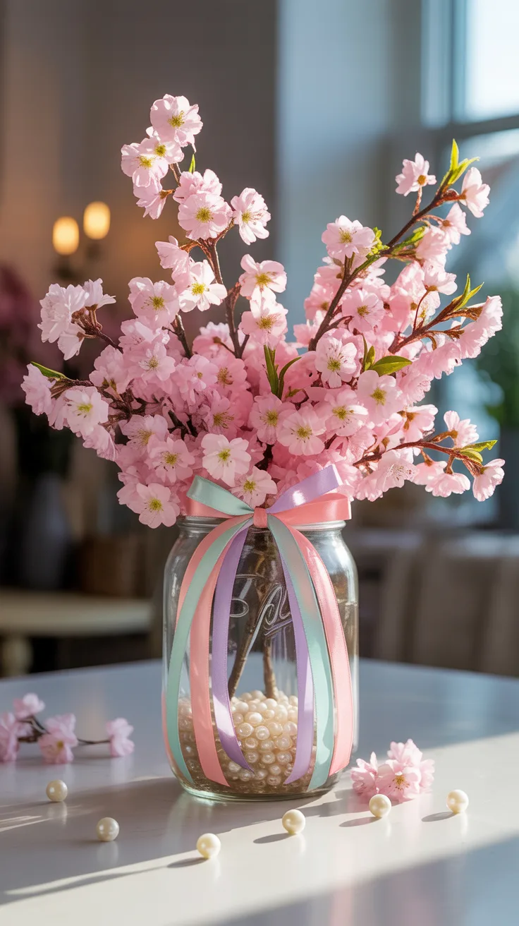 8. Ribbon-Adorned Cherry Blossom Setup