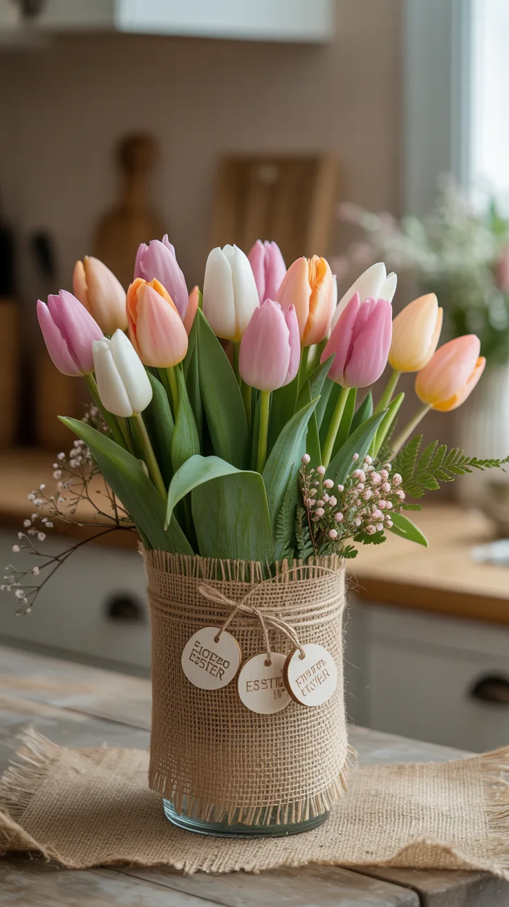 3. Burlap-Wrapped Tulip Displays