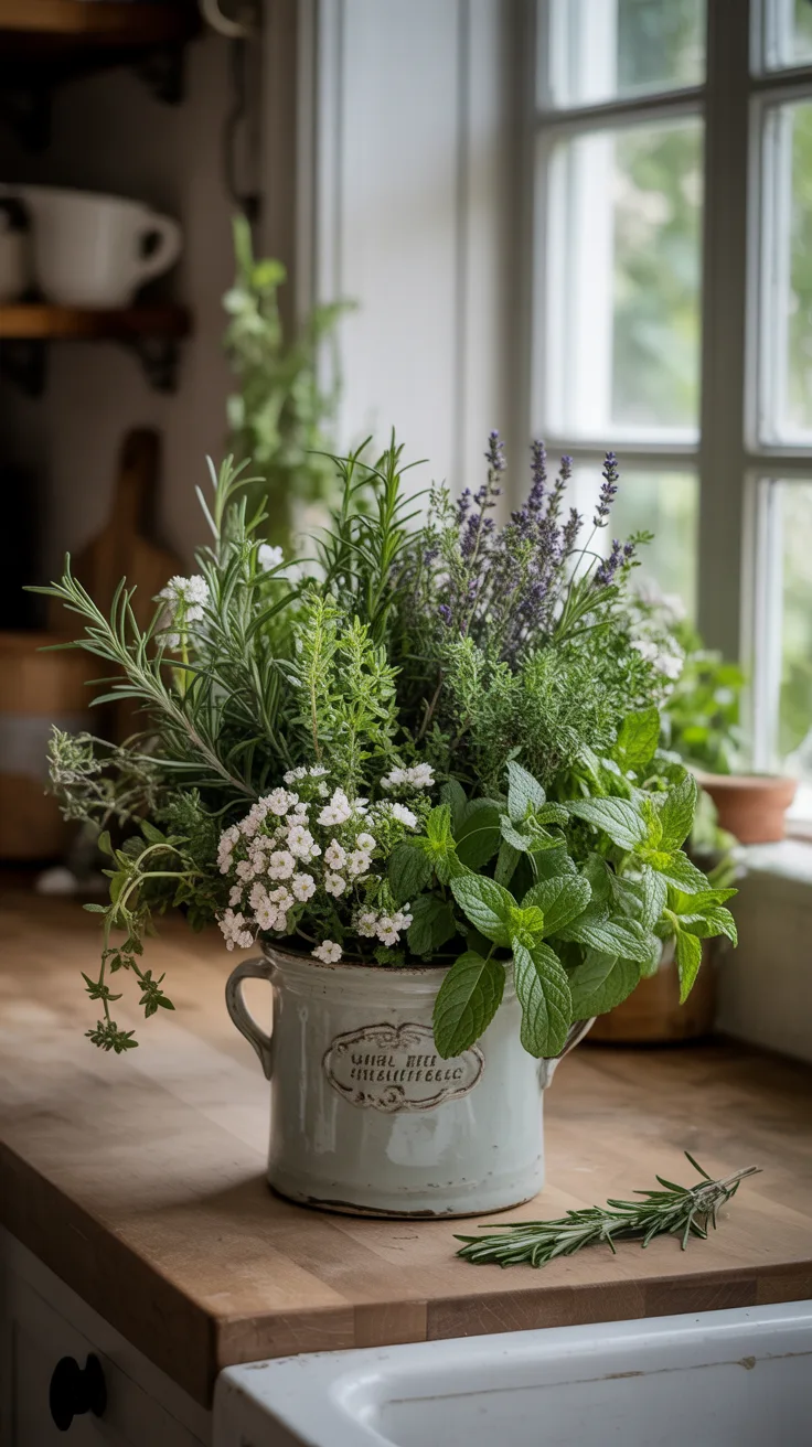 7. Herb and Flower Kitchen Arrangement