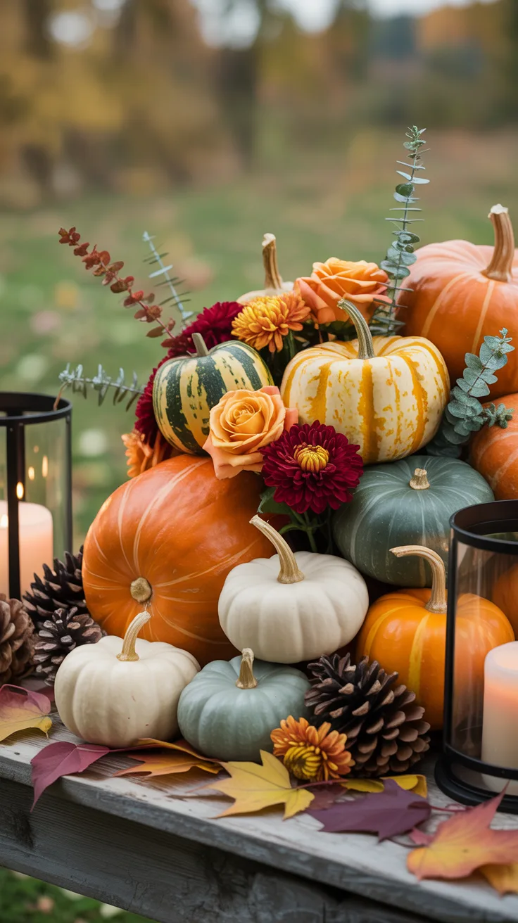 15. Combine Fresh Flowers with Pumpkins and Gourds