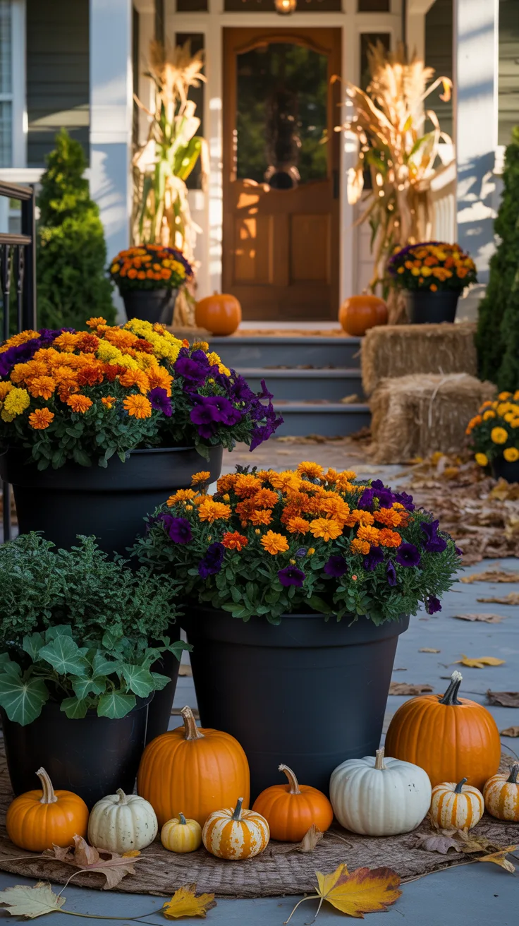 4. Black and Orange Porch Planters