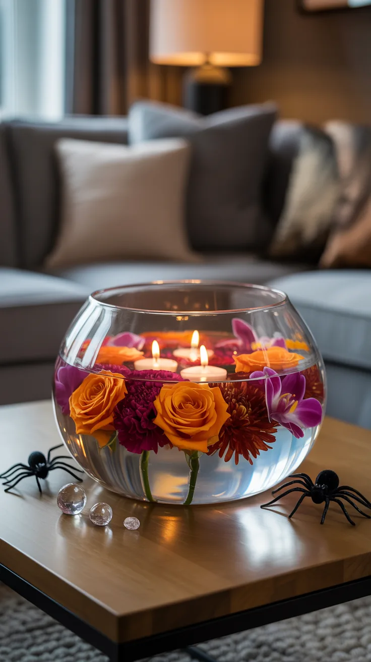 7. Float Flowers in Glass Bowls with Candles