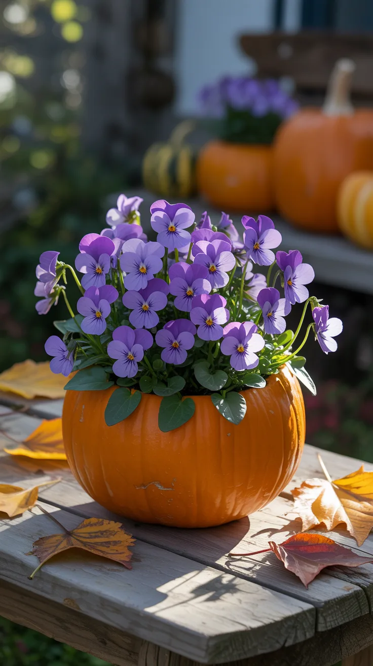 4. Purple Viola Pumpkin Planter