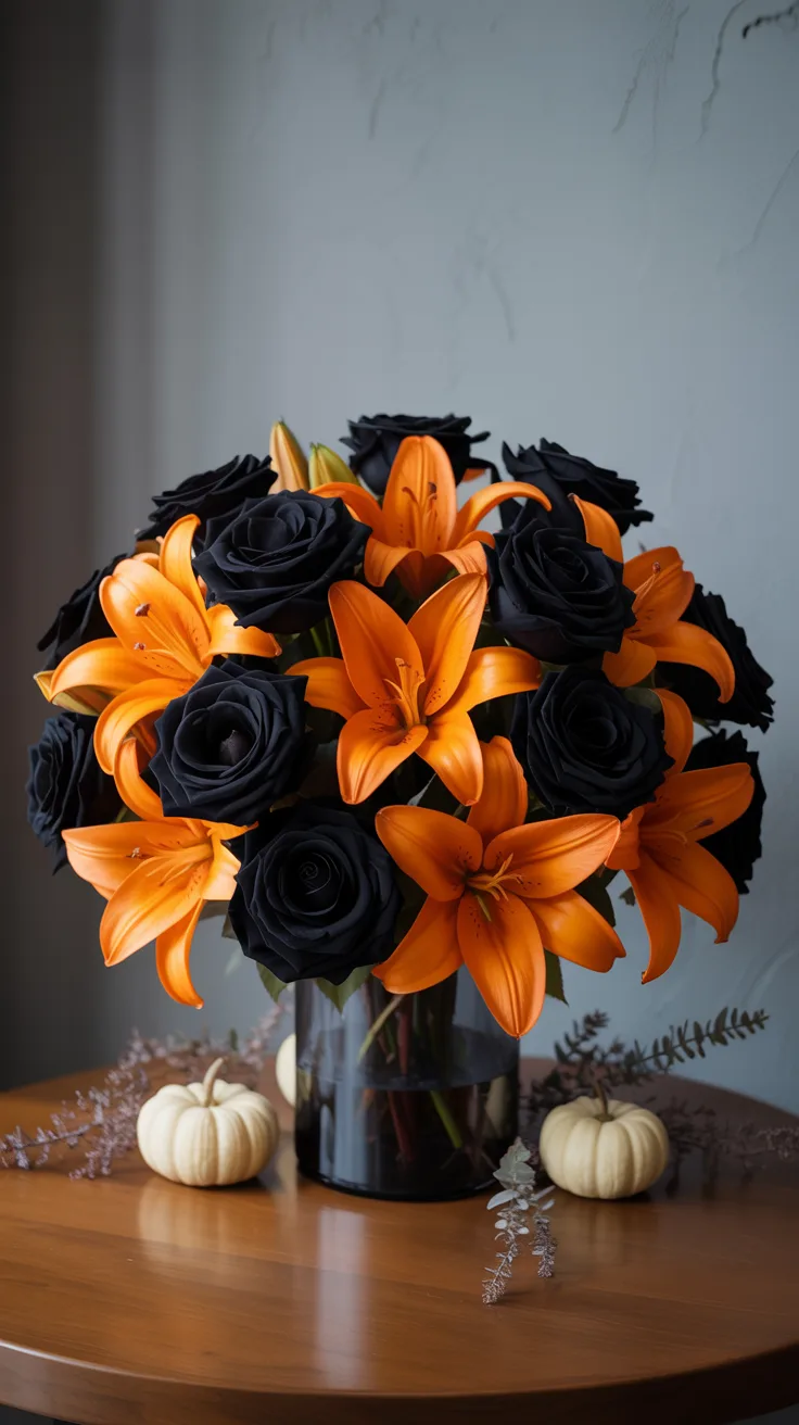1. Classic Black Rose and Orange Lily Arrangement
