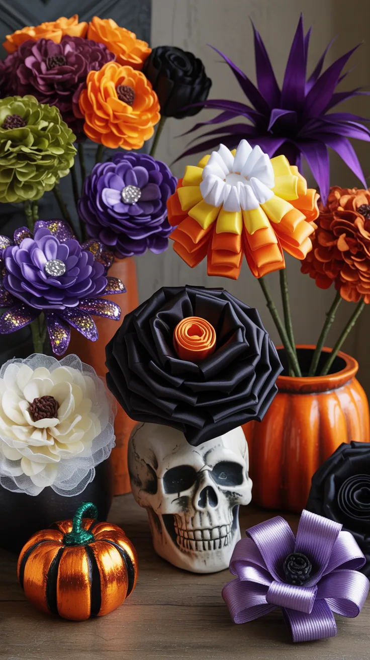 10 Halloween Ribbon Flowers for Bouquets, Wreaths & Crafts – Pinterest image