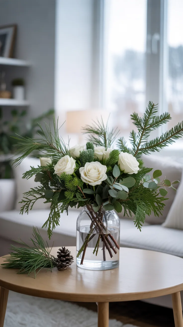 4. Winter Elegance: Evergreen and White Rose Arrangement